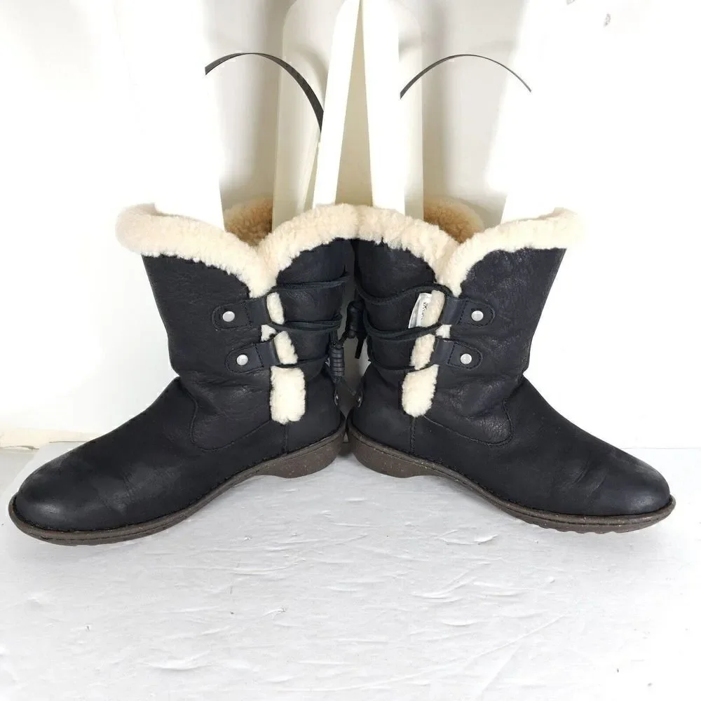 UGG Women's Akadia US 7 Black Leather Sheepskin Shearling Mid Calf Winter Boots